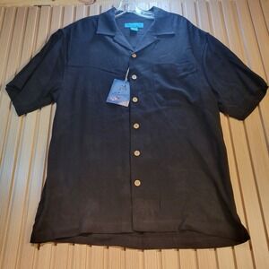 Paradise Blue Mens Black 100% Silk Palm Tree Jacquard Camp Shirt NWT Size M